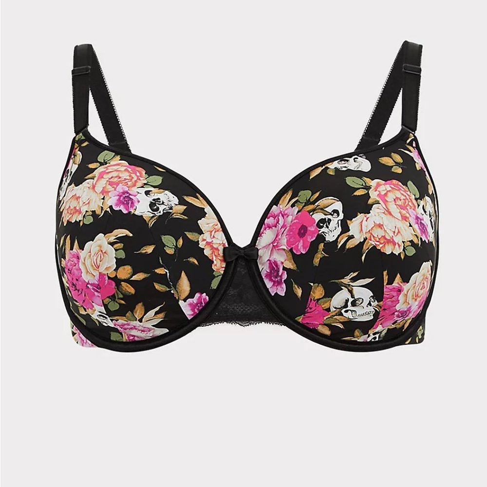 42DDD Black Skull Floral 360 Back Smoothing Bra